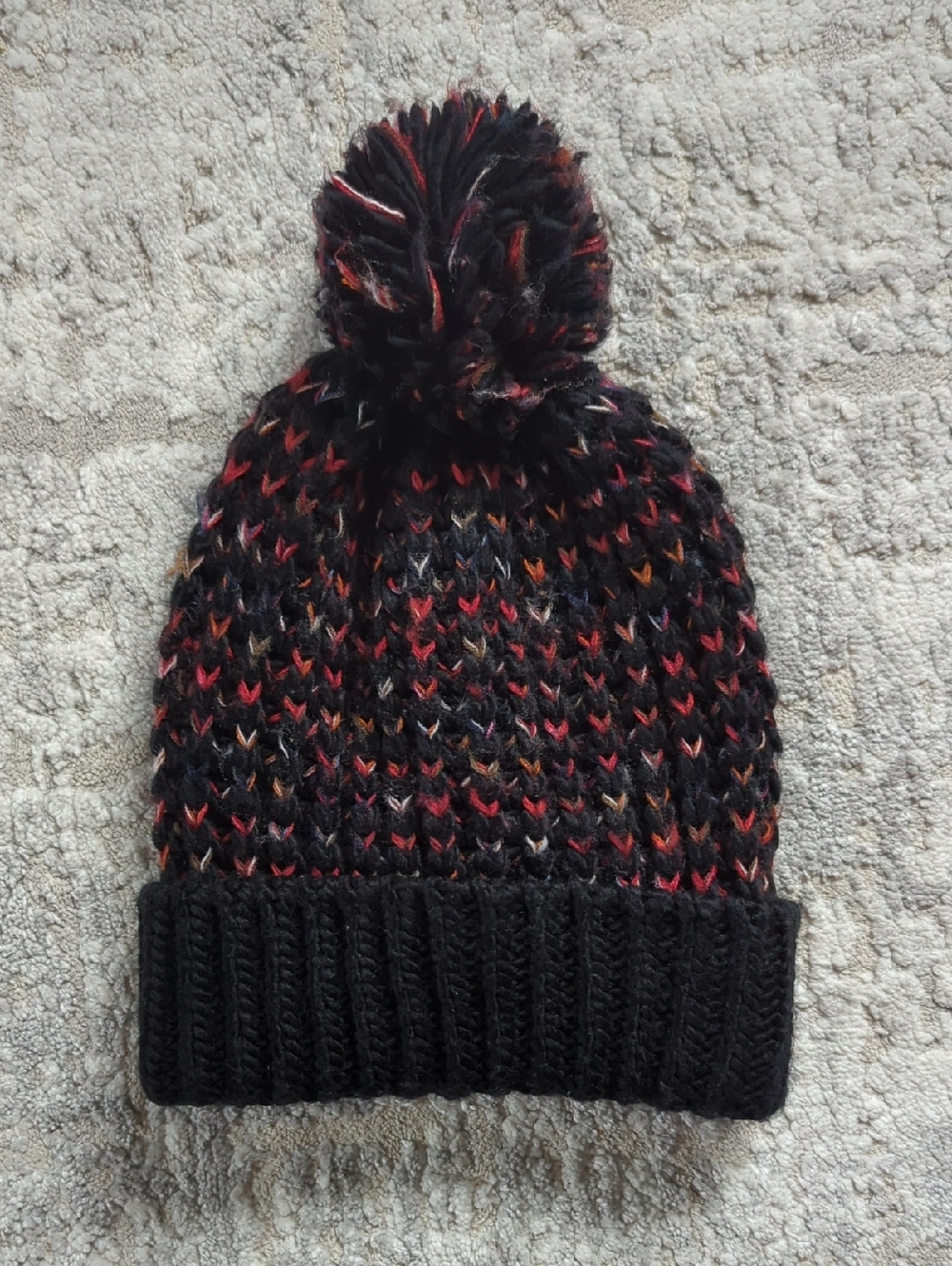 J. Jill Chunky Black Pom Pom Beanie with Multicolor Flecks